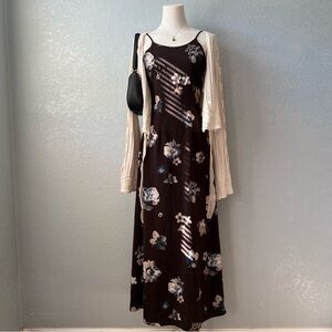 Vintage 90s Indie Brown Floral Slip Dress Spaghetti Strap Maxi Sense USA Size S